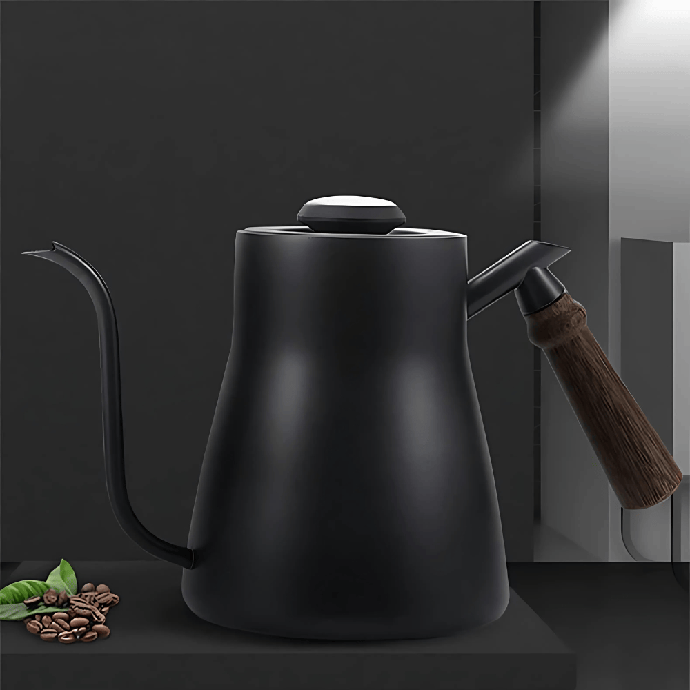Zwarte RVS zwanenhalsketel 500 ml met houten handgreep