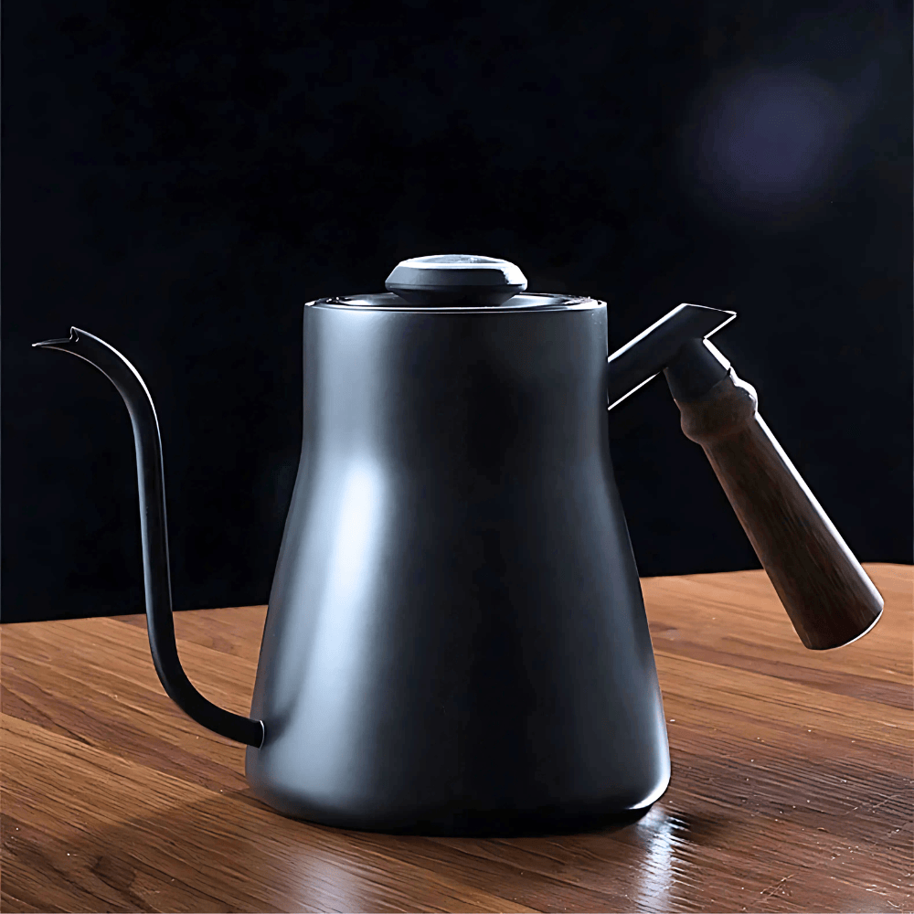 Zwarte RVS zwanenhalsketel 500 ml met houten handgreep